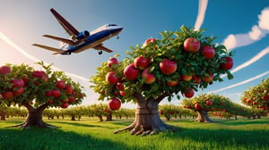 A bright orchard with apple trees and an airplane flying in a clear blue sky.