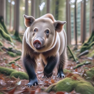 Create an extremely realistic photo of a unique hybrid creature, part bear and part pig, in a wild forest setting. The image features ultra-sharp focus, realistic textures and fur/skin, and rich colors. The composition is high definition, HDR, with extreme and intricate details, sharp focus, and enhanced all aspects for a masterpiece quality photo. The hybrid creature is in a curious or alert pose, with detailed facial features and expressive eyes, set against a detailed, lush forest background.