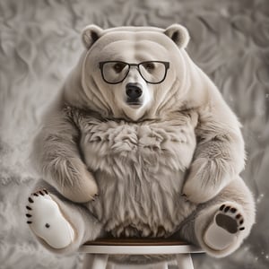 Create an extremely realistic photo of a fat bear wearing glasses, sitting on a stool, and wearing unblocked white socks, with a direct gaze towards the camera. The image features ultra-sharp focus, realistic textures and fur, and rich colors. The composition is high definition, HDR, with extreme and intricate details, sharp focus, and enhanced all aspects for a masterpiece quality photo. The bear is in a relaxed pose, with detailed facial features and expressive eyes, set against a detailed, dimly lit background, highlighting the white socks.