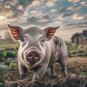 Create an extremely realistic photo of an old pig in a serene farm setting. The image features ultra-sharp focus, realistic textures and skin, and rich colors. The composition is high definition, HDR, with extreme and intricate details, sharp focus, and enhanced all aspects for a masterpiece quality photo. The old pig is in a relaxed pose, with detailed facial features and wise, expressive eyes, set against a peaceful, detailed background of a quiet farmyard or pasture.