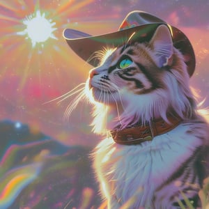 A Cyberpop-inspired image of a cat in a cowboy shot, centered in the frame, gazing at a full sun during a vibrant morning. The scene is rendered in gouache style with iridescent colors and abstract elements, enhanced by glow stick lighting. The composition is captured with a 100mm lens, simulating a projection mapping effect. The background features a blend of simulation and reality, with the sun casting a radiant glow. The image is detailed in 8K resolution, emphasizing the intricate details and vibrant hues.