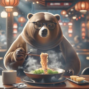 Create an extremely realistic photo of a fat bear wearing glasses and a short-sleeved shirt, sitting at a table and eating ramen in a cozy, dimly lit diner. The image features ultra-sharp focus, realistic textures and fur, and rich colors. The composition is high definition, HDR, with extreme and intricate details, sharp focus, and enhanced all aspects for a masterpiece quality photo. The bear is in a satisfied pose, with detailed facial features and expressive eyes, set against a detailed, warmly lit diner background with steam rising from the ramen bowl.