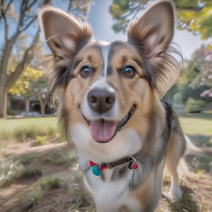 Create an extremely realistic photo of a playful dog in a sunny outdoor setting. The image features ultra-sharp focus, realistic textures and fur, and rich colors. The composition is high definition, HDR, with extreme and intricate details, sharp focus, and enhanced all aspects for a masterpiece quality photo. The dog is in a dynamic pose, with detailed facial features and expressive eyes, set against a vibrant, detailed background of a lush park or garden.