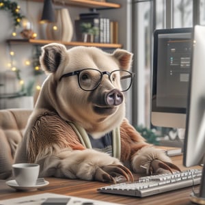 Create an extremely realistic photo of a unique hybrid creature, part bear and part pig, wearing glasses and a short-sleeved shirt, sitting at a computer desk in a cozy home office. The image features ultra-sharp focus, realistic textures and fur/skin, and rich colors. The composition is high definition, HDR, with extreme and intricate details, sharp focus, and enhanced all aspects for a masterpiece quality photo. The hybrid creature is in a focused pose, with detailed facial features and expressive eyes, set against a detailed, warmly lit home office background.