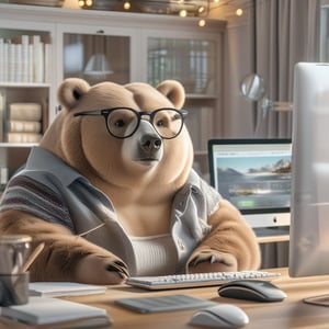 Create an extremely realistic photo of a fat bear wearing glasses and a short-sleeved shirt, sitting at a computer desk in a cozy home office. The image features ultra-sharp focus, realistic textures and fur, and rich colors. The composition is high definition, HDR, with extreme and intricate details, sharp focus, and enhanced all aspects for a masterpiece quality photo. The bear is in a focused pose, with detailed facial features and expressive eyes, set against a detailed, warmly lit home office background.