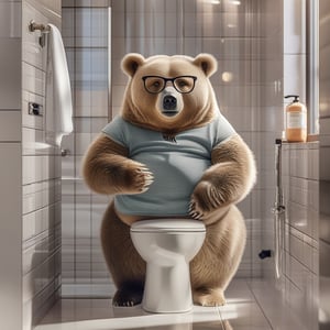 Create an extremely realistic photo of a fat bear wearing glasses and a short-sleeved shirt, sitting on a toilet in a clean, modern bathroom. The image features ultra-sharp focus, realistic textures and fur, and rich colors. The composition is high definition, HDR, with extreme and intricate details, sharp focus, and enhanced all aspects for a masterpiece quality photo. The bear is in a relaxed pose, with detailed facial features and expressive eyes, set against a detailed, brightly lit bathroom background.