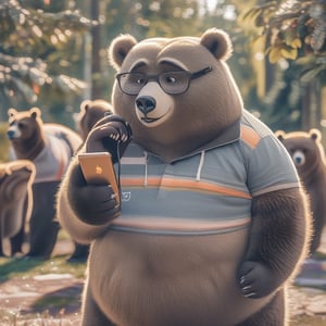 Create an extremely realistic photo of a fat bear wearing glasses and a short-sleeved shirt, standing in a park and chatting with other bears on his phone. The image features ultra-sharp focus, realistic textures and fur, and rich colors. The composition is high definition, HDR, with extreme and intricate details, sharp focus, and enhanced all aspects for a masterpiece quality photo. The bear is in a casual pose, with detailed facial features and expressive eyes, set against a detailed, sunny park background with other bears in the scene.