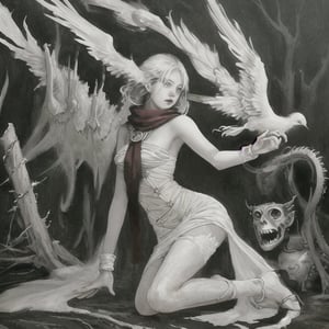 a white bird wearing a red scarf
Junji Ito style, inspired horror illustration, Art style by H. R. Giger, Art style by Luis Royo, Art style by Chris Foss, (high Quality, simple),  manga art style