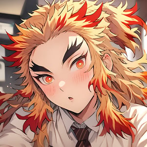 Score_9,score_8_up,score_7_up,Highly detailed, masterpiece, high quality, beautiful, high resolution, good details,1boy,orange eyes,forked eyebrowns,multicolored hair,long hair,rengoku kyojuro,kny, zjw, high_resolution, woman_pov, hand_pov, pov, female_pov, Rengoku in_love, Rengoku blushed, Rengoku sending a kiss to female pov, Rengoku 29 years old, 