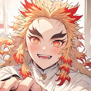 Score_9,score_8_up,score_7_up,Highly detailed, masterpiece, high quality, beautiful, high resolution, good details,1boy,orange eyes,forked eyebrowns,multicolored hair,long hair,rengoku kyojuro,kny, zjw, high_resolution, woman_pov, hand_pov, pov, female_pov, Rengoku in_love, Rengoku blushed, Rengoku sending a kiss to female pov, Rengoku 29 years old, Rengoku sensei,