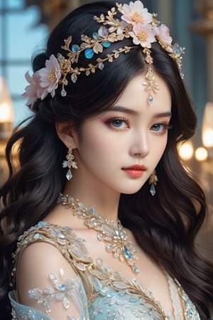 masterpiece, high quality animation, aesthetic photo, pore and detailed, intricate detailed, graceful and beautiful textures, RAW photo, 16K, (head to waist portrait), (Fusion with crystal), noble and elegant, captivating young girl, beautiful face, detailed crystal eyes, black long wavy hair, crystal flower hair ornament, dress, fantacy world art,