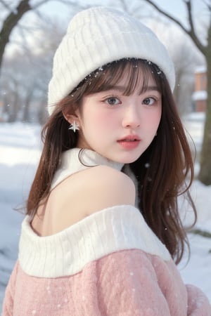 
```
A wintery scene unfolds: a lone girl stands under a bare tree, surrounded by softly falling snow. Her long hair cascades down her back, partially obscuring her face as she gazes directly at the viewer with bright blue eyes and parted lips. She wears a pink turtleneck sweater adorned with a star symbol, a hat, and her bangs frame her blush-tinted cheeks. Long sleeves and earrings complete her winter wonderland ensemble, as snowflakes gently land on her hair and shoulders. Upper body, looking at viewer, masterpiece.
```