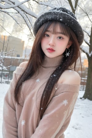 
```
A wintery scene unfolds: a lone girl stands under a bare tree, surrounded by softly falling snow. Her long hair cascades down her back, partially obscuring her face as she gazes directly at the viewer with bright blue eyes and parted lips. She wears a pink turtleneck sweater adorned with a star symbol, a hat, and her bangs frame her blush-tinted cheeks. Long sleeves and earrings complete her winter wonderland ensemble, as snowflakes gently land on her hair and shoulders. Upper body, looking at viewer, masterpiece.
```