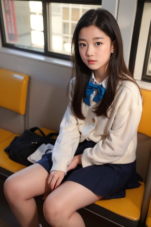 low angle shot,wearing short skirt、Fed Asian woman in bow tie sitting on train, cute schoolgirl, japanese schoolgirl, wearing japanese school uniform, japanese school uniform, a hyperrealistic schoolgirl, Dress up as a schoolgirl, hyperrealistic schoolgirl, Wearing school uniform, realistic schoolgirl, Girls wear, Wearing school uniform, consisting of a female student, whole body, Good skin, glowing skin, beautiful thighs,glowing thighs, Glowing legs,Upper body,School uniform,Realistic 