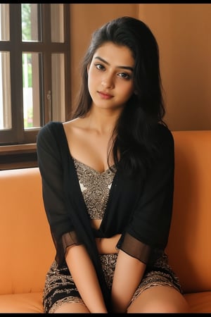 beautiful cute young attractive indian teenage girl, village girl, 18 years old, cute,  Instagram model, long black_hair, colorful hair, warm, dacing, in home sit at  sofa, wearing athenic outfit, indian