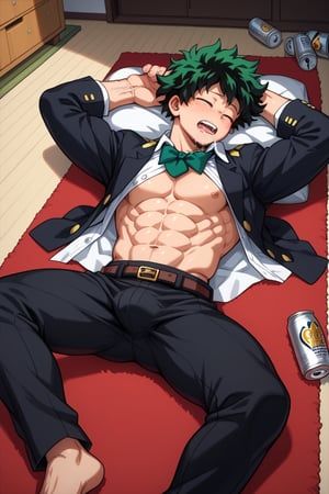 Expressiveh,score_8_up,score_7_up, a drunken cartoon character, lying in the living room, on a red carpet, wearing a black suit, green tie, loose tie, open shirt, top 3 buttons, one hand behind his head, one hand on his stomach, abs, muscular body, bara, muscular, bulge, pants, blushing, drunk face, eyes closed, mouth open, asleep, nap, saliva on side of mouth, saliva, beer cans, bottles,score_6_up,score_5_up,score_4_up,source_anime,BREAK,izuku_midoriya,green hair,green eyes,short hair,score_9,
