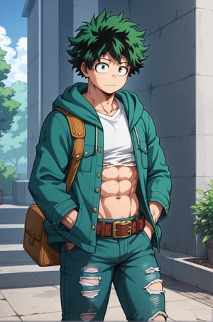 a character is wearing a jacket and shirt with green eyes and a beard, abs, torn clothes, midoriya izuku, pants, male focus, 1boy, torn pants, green hair, hood, freckles, solo, hoodie, hands in pockets, green eyes, bag, brown belt, belt, outdoors, jacket, muscular, hood down, looking at viewer, green jacket, sunglasses, denim, navel, short hair, jeans,score_4_up,score_5_up,score_6_up,score_7_up,score_8_up,score_9,source_anime,BREAK,Expressiveh,izuku_midoriya