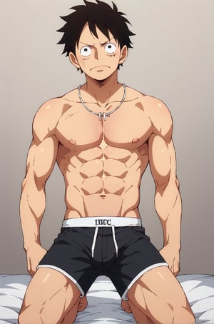 Prompt: a man posing in underwear that looks nothing like boxers and shorts, 1boy, male focus, male underwear, solo, underwear, muscular, briefs, abs, short hair, kneeling, muscular male, white male underwear, navel, clothes lift,score_4_up,score_5_up,score_6_up,score_7_up,score_8_up,score_9,source_anime,BREAK,luffy, black hair, black eyes, scar on face