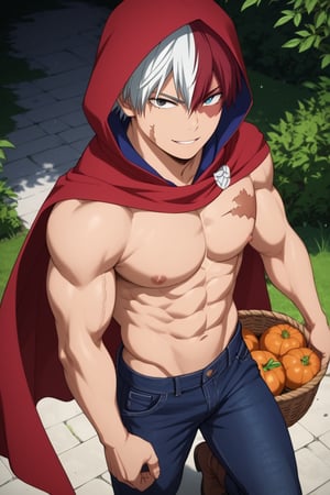 Expressive, Score_8_up, Score_7_up, Expressive, Masterpiece, Best quality, Best aesthetics, ((Perfect eyes)), Perfect anatomy, Perfect proportions, High resolution, Good colors, Glowing skin, Good shading, Shading contrast, Well detailed background,BREAK, 1boy, solo, male focus, focus, is dressed as little red riding hood, wears a red hooded cape underneath a white long-sleeved shirt that is tight to the body, underneath his pectorals and abs are visible, he has a muscular, bara, athletic body, with perfect proportions, he is wearing blue pants, jeans, he wears brown leather boots, in his hands he carries a basket with food, like little red riding hood does and the other hand is free, his hands have five fingers, while he is walking at night through a forest and in the sky the full moon can be seen in the distance illuminating the path, looking at the viewer, smile, ;), Halloween costume, score_9, score_6_above, score_5_above, score_4_above, anime_source,shouto_todoroki, white hair, red hair,grey eyes, blue eyes, heterochromia,two-tone hair, split-color hair,multicolored hair, bangs,hair between eyes, scar, scar on face,burn scar