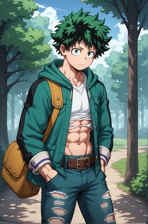 a character is wearing a jacket and shirt with green eyes and a beard, abs, torn clothes, midoriya izuku, pants, male focus, 1boy, torn pants, green hair, hood, freckles, solo, hoodie, hands in pockets, green eyes, bag, brown belt, belt, outdoors, jacket, muscular, hood down, looking at viewer, green jacket, sunglasses, denim, navel, short hair, jeans,score_4_up,score_5_up,score_6_up,score_7_up,score_8_up,score_9,source_anime,BREAK,Expressiveh,izuku_midoriya