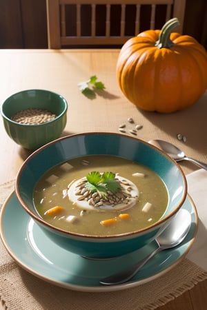 The image presents a bowl of soup with a smooth, creamy texture, suggesting it could be a pureed vegetable or pumpkin soup. The soup's color is a rich orange, indicative of a pumpkin base. It is garnished with a sprig of green parsley and a few sunflower seeds, which add a textural contrast to the softness of the soup. The bowl rests on a plate that has a blue rim, providing a pop of color against the warm tones of the soup. In the background, there are additional sunflower seeds and a small container of red peppercorns, hinting at the flavor profile of the dish. The table surface has a rustic appearance, contributing to the homey and inviting feel of the scene.