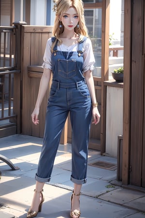 1girl, solo, long hair, looking at viewer, blue eyes, blonde hair, hair accessories, overalls, earrings, , , long legs, perfect body,