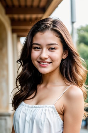 Original photo, face portrait photo of beautiful 18 year old woman, baby face, look below, hand combed hair, cute face, wearing short white dress, smiling face, hard shadows, film shot, dramatic lighting