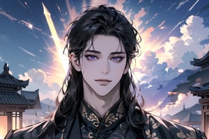 (Absurdres, Intricate Details, Masterpiece, Best Quality, High Resolution, 8k), (1man), (male:1.2), mature face, (mature boy:1.2), smirk, finely detailed eyes and face, lean body, (black long straight hair:1.2), (purple eyes), (((Purple)) Chinese costume), (focus on character:1.1), solo, full shot, full body, detailed background, detailed face, thunder manipulation, dynamic shadows, ethereal atmosphere, Depth of Field, lighting sword, swordman, spellcaster, Chinese style, (((Ascension))), Mysterious clouds, thunderstorm