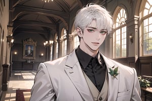 Ydor, 1boy, ((solo focus)), ((white short hair)), (Left side-parting bangs), seductive smile, green eyes, handsome, mature, angular jaw, thick neck, ((groom suit:1.3)), long sleeve, by Raphael, masterpiece, upper body shot, magnificent indoor hall