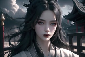 (cowboy shot), dynamic action style, (1woman), (female:1.2), mature face, (mature girl:1.2), evil, (Chinese hanfu with black accents), finely detailed eyes and face, slim figure, (long black straight hair:1.2), (purple eyes:1.1), (focus on character:1.1), ((solo)), detailed face, detailed eyes, Chinese epic style, clear subject, ultra realistic, ultra detailed, OC rendering, blender, high detail, ultra high quality, dark and ominous atmosphere, dark clouds swirling, subtle mist