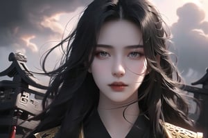 (cowboy shot), dynamic action style, (1woman), (female:1.2), mature face, (mature girl:1.2), sinister smirk, (Chinese hanfu with black and gold accents), finely detailed eyes and face, slim figure, (long black straight hair:1.2), (purple eyes:1.1), (focus on character:1.1), ((solo)), detailed face, detailed eyes, Chinese epic style, clear subject, ultra realistic, ultra detailed, OC rendering, blender, high detail, ultra high quality, dark and ominous atmosphere, dark clouds swirling, subtle mist