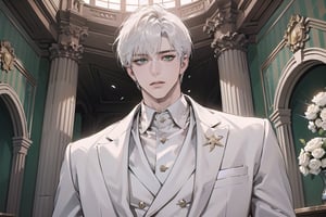 Ydor, 1boy, ((solo focus)), ((white short hair)), (Left side-parting bangs), green eyes, handsome, mature, angular jaw, thick neck, ((white)) ((wedding suit:1.3)), long sleeve, by Raphael, masterpiece, upper body shot, magnificent indoor hall