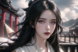 (cowboy shot), dynamic action style, (1woman), (female:1.2), mature face, (mature girl:1.2), evil, (Chinese hanfu with black accents), finely detailed eyes and face, slim figure, (long black straight hair:1.2), (purple eyes:1.1), (focus on character:1.1), ((solo)), detailed face, detailed eyes, Chinese epic style, clear subject, ultra realistic, ultra detailed, OC rendering, blender, high detail, ultra high quality, dark and ominous atmosphere, dark clouds swirling, subtle mist