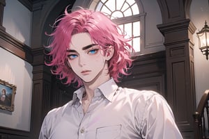 Kryon,1 boy, ((solo focus)), (((Fuchsia hair))), ((thick eyebrows)), ((Medium score)), To reveal the forehead, ((Split head)), ((messy hair)), ((wavy curly hair)), short hair, blue eyes, mature, ((white shirt:1.3)), shoet sleeve, by Raphael, masterpiece, upper body shot, magnificent indoor hall,1 man