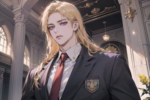 Nitrey, 1 boy, ((solo focus)), ((Goldenrod hair)), ((long straight hair)), (purple eyes), ((Medium score)), (((half-down:1.3))), To reveal the forehead, handsome, angular jaw,  thick neck, ((School uniform:1.3)), red tie, by Raphael, masterpiece, upper body shot, magnificent indoor hall