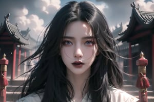 (cowboy shot), dynamic action style, (1woman), (female:1.2), mature face, (mature girl:1.2), evil, (Chinese hanfu with black accents), finely detailed eyes and face, slim figure, (long black straight hair:1.2), (purple eyes:1.1), (focus on character:1.1), ((solo)), detailed face, detailed eyes, Chinese epic style, clear subject, ultra realistic, ultra detailed, OC rendering, blender, high detail, ultra high quality, dark and ominous atmosphere, dark clouds swirling, subtle mist