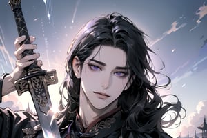 (Absurdres, Intricate Details, Masterpiece, Best Quality, High Resolution, 8k), (1man), (male:1.2), mature face, (mature boy:1.2), smirk, ((holding sword)), finely detailed eyes and face, lean body, (black long straight hair:1.2), (purple eyes), (((Purple)) Chinese costume), (focus on character:1.1), solo, full shot, full body, detailed background, detailed face, thunder manipulation, dynamic shadows, ethereal atmosphere, Depth of Field, lighting sword, swordman, spellcaster, Chinese style, (((Ascension))), Mysterious clouds, thunderstorm