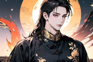 (Absurdres, Intricate Details, Masterpiece, Best Quality, High Resolution, 8k), (1man), (male:1.2), mature face, (mature boy:1.2), finely detailed eyes and face, lean body, (black long straight hair:1.2), (purple eyes), (((Red)) Chinese costume), (focus on character:1.1), solo, full body shot, laying on a lavishly adorned bed, intricate Chinese motifs, detailed background with traditional Chinese architecture, serene expression, ethereal atmosphere, Depth of Field, Chinese style, soft lighting, [ArtStation], [WLOP], [Krenz Cushart]
