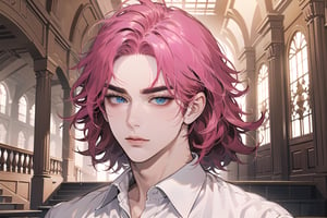 Kryon,1 boy, ((solo focus)), (((Fuchsia hair))), ((thick eyebrows)), ((Medium score)), To reveal the forehead, ((Split head)), ((messy hair)), ((wavy curly hair)), short hair, blue eyes, mature, ((white shirt:1.3)), shoet sleeve, by Raphael, masterpiece, upper body shot, magnificent indoor hall,1 man