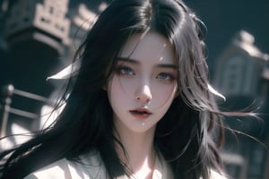 (cowboy shot), dynamic action style, (1woman), (female:1.2), mature face, (mature girl:1.2), evil, (Chinese hanfu with black accents), finely detailed eyes and face, slim figure, (long black straight hair:1.2), (purple eyes:1.1), (focus on character:1.1), ((solo)), detailed face, detailed eyes, Chinese epic style, clear subject, ultra realistic, ultra detailed, OC rendering, blender, high detail, ultra high quality, dark and ominous atmosphere, dark clouds swirling, subtle mist