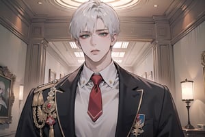 Ydor, 1boy, ((solo focus)), ((white short hair)), ((side-parting bangs:1.2)), green eyes, handsome, angular jaw, thick neck, ((Red)) (School uniform:1.3), long tie, royal, long sleeve, by Raphael, masterpiece, upper body shot, magnificent indoor hall