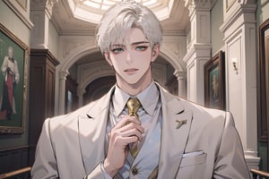 Ydor, 1boy, ((solo focus)), ((white short hair)), (Left side-parting bangs), happy, green eyes, handsome, mature, angular jaw, thick neck, ((white)) ((groom suit:1.3)), long sleeve, by Raphael, masterpiece, upper body shot, magnificent indoor hall