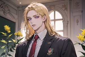 Nitrey, 1 boy, ((solo focus)), ((Goldenrod hair)), ((long straight hair)), (purple eyes), ((Medium score)), (((half-down:1.3))), To reveal the forehead, handsome, angular jaw,  thick neck, ((School uniform:1.3)), red tie, by Raphael, masterpiece, upper body shot, magnificent indoor hall