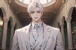 Ydor, 1boy, ((solo focus)), ((white short hair)), (Left side-parting bangs), seductive smile, green eyes, handsome, mature, angular jaw, thick neck, ((White groom suit:1.3)), long sleeve, by Raphael, masterpiece, upper body shot, magnificent indoor hall