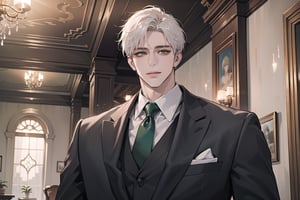 Ydor, 1boy, ((solo focus)), ((white short hair)), (Left side-parting bangs), seductive smile, green eyes, handsome, mature, angular jaw, thick neck, ((groom suit:1.3)), long sleeve, by Raphael, masterpiece, upper body shot, magnificent indoor hall