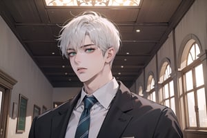 Ydor, 1boy, ((solo focus)), ((white short hair)), (bangs), green eyes, handsome, angular jaw, thick neck, ((School uniform:1.3)), tie, short sleeve, by Raphael, masterpiece, upper body shot, magnificent indoor hall