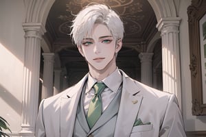 Ydor, 1boy, ((solo focus)), ((white short hair)), (Left side-parting bangs), seductive smile, green eyes, handsome, mature, angular jaw, thick neck, ((white)) ((groom suit:1.3)), long sleeve, by Raphael, masterpiece, upper body shot, magnificent indoor hall