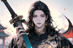 (Absurdres, Intricate Details, Masterpiece, Best Quality, High Resolution, 8k), (1man), (male:1.2), mature face, (mature boy:1.2), serious, ((holding sword)), finely detailed eyes and face, lean body, (black long straight hair:1.2), (purple eyes), (Chinese costume), (focus on character:1.1), solo, full body shot, laying on a lavishly adorned dragon bed, intricate Chinese motifs, detailed background with traditional Chinese architecture, serene expression, ethereal atmosphere, Depth of Field, Chinese style, soft lighting, [ArtStation], [WLOP], [Krenz Cushart]
