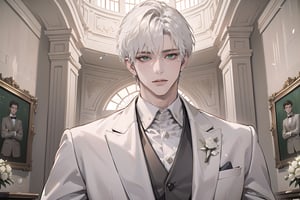 Ydor, 1boy, ((solo focus)), ((white short hair)), (Left side-parting bangs), green eyes, handsome, mature, angular jaw, thick neck, ((white)) ((wedding suit:1.3)), long sleeve, by Raphael, masterpiece, upper body shot, magnificent indoor hall