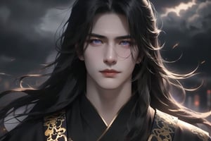 (cowboy shot), dynamic action style, (1man), (male:1.2), mature face, (mature boy:1.2), sinister smirk, (Chinese hanfu with black and gold accents), finely detailed eyes and face, (long black straight hair:1.2), (purple eyes:1.1), (focus on character:1.1), ((solo)), detailed face, detailed eyes, Chinese epic style, clear subject, ultra realistic, ultra detailed, OC rendering, blender, high detail, ultra high quality, dark and ominous atmosphere, dark clouds swirling, subtle mist